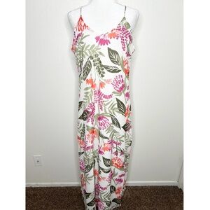 Old Navy Womens White Pink Green Floral Tropical V-Neck Maxi Dress Size M EUC